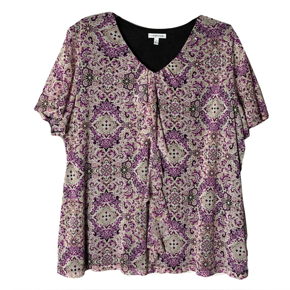 Nwot Croft & Barrow Blouse 2X Purple Floral Mesh Nylon Lined Short Sleeve